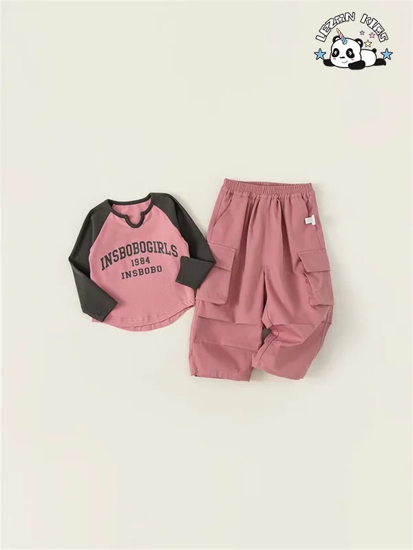 LEZONKIDS - Factory Direct Price Spring And Summer Girls Clothing Sets Long Sleeve Sweatshirt And Cargo Pants Outfits
